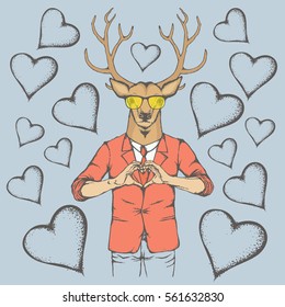 Deer Valentine day vector concept. Illustration of deer head on human body. Rein deer showing heart shape