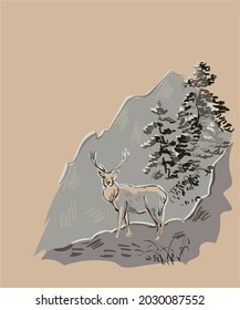 deer vector card japanese chinese nature ink illustration engraved sketch traditional textured colorful