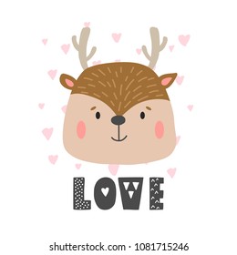 Deer vector cartoon illustration. Cute animal poster design for greeting card, t-shirt, invitation, baby shower, birthday, room decor, print on the wall, pillow, decoration kids interior, baby wear
