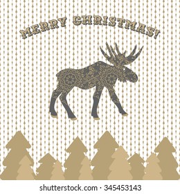 Deer vector christmas card greeting on white knitted pattern. Gold pine trees, reindeer with openwork ornament.