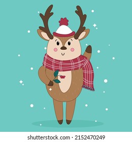 deer vector, cute deer in knitted scarf, forest animals, cartoon deer, deer in hand drawing style	