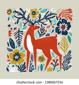 Deer vector hand drawn illustration. Wild animal with antlers drawing in scandinavian style. Cute cartoon reindeer character poster. Multicolor leaves and flowers. Floral flat background