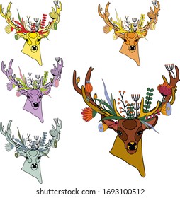 Deer vector hand drawn illustration. A wild animal with a wreath of flowers on its horns. Deer painted according to the seasons. It can be used as a postcard or for product design.
