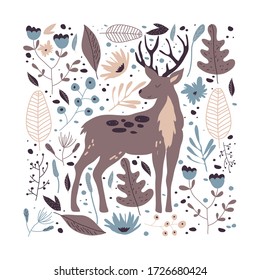 Deer Vector Hand Drawn Illustration. Wild Animal with Antlers Drawn in Scandinavian Style. Reindeer Character Standing in Multicolor Leaves and Flowers Poster