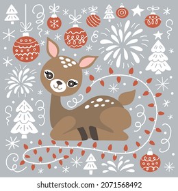 Deer vector hand drawn illustration. Cute cartoon reindeer character poster. Christmas flat background.