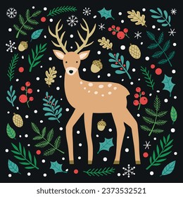 Hirschvektorgrafik, handgezeichnet. Wildes Tier mit Hörnern, flach gezeichnet. Weihnachtsposter mit einem Bild eines Hirsches.