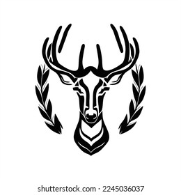 Icono vectorial de ciervo. Diseño de logotipo. Buen uso para el símbolo, diseño de camiseta. Una cabeza de ciervo con un laurel alrededor de su cuello y un laurel alrededor de su cuello, sobre un fondo blanco