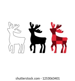 deer vector illustration. Deer black, line silhouette icon, in the red cube isolated on white background. Christmas design, emblem, element. Set of different deer