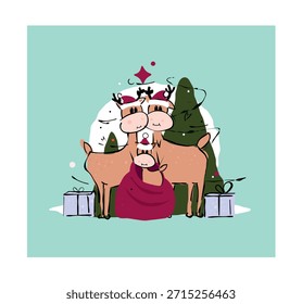 Deer vector illustration Happy New Year card. Cute gift card with deer and a Christmas tree on a background. 