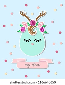 Deer vector illustration as logo, badge, patch isolated on blue background. Deer for invitation, birthday, greetings, party, Merry Christmas motive, t-shirt design.