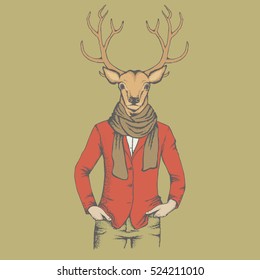 Deer vector illustration. Reindeer in human suit