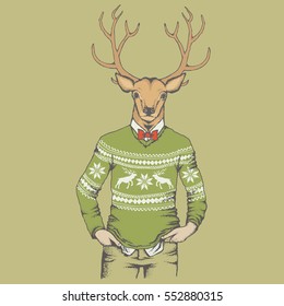 Deer vector illustration. Reindeer in human sweatshirt