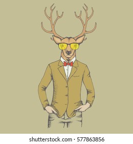 Deer vector illustration. Reindeer in human suit