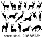 Deer Vector Illustration Set, Black and White Silhouettes. Collection of Different Deer Poses, Perfect for Logo, Design, and More.