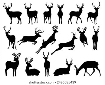 Deer Vector Illustration Set, Black and White Silhouettes. Collection of Different Deer Poses, Perfect for Logo, Design, and More.