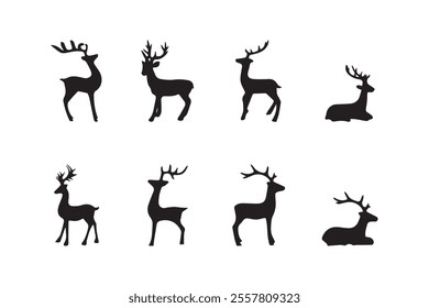 Deer Vector Illustration Set, Black Silhouettes. Collection of Various Deer Poses, Suitable for Logos, Designs, and More.