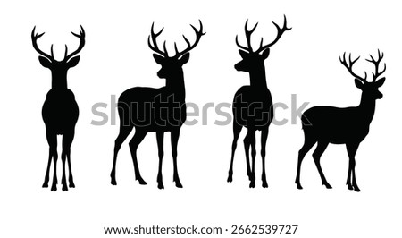 Deer Vector Illustration Set, Black and White Silhouettes. Collection of Different Deer Poses,set of silhouettes of reindeer. male and female deer isolated on a white background.eps 10	