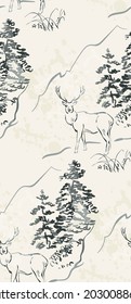 deer vector japanese chinese nature ink illustration engraved sketch traditional textured seamless