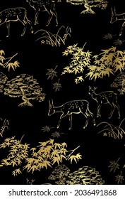 deer vector japanese chinese nature ink illustration engraved sketch traditional textured seamless pattern black