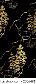 deer vector japanese chinese nature ink illustration engraved sketch traditional textured seamless pattern black