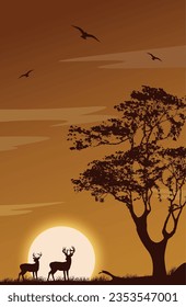 Deer vector landscape scene, sunset background, birds , nature