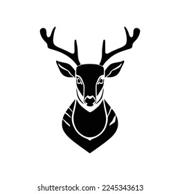 Ilustración de la mascota del icono del logotipo del vector - ciervo. La cabeza de un ciervo con cuernos en la cabeza, silueta blanca y negra, sobre un fondo blanco