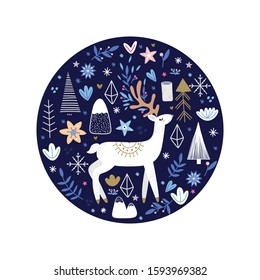 Deer vector print with floral elements, stars and snowflakes.
