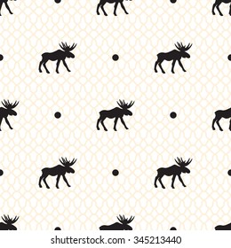 Deer vector seamless pattern with retro dots and subtle veil. Black moose hipster silhouettes.
