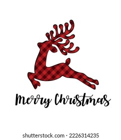 Deer vector silhouette drawing with Buffalo Red Black Gingham Lumberjack tartan Checkered plaid pattern background texture.Merry Christmas lettering.Gift card with reindeer.Winter decor.Print.DIY cut.