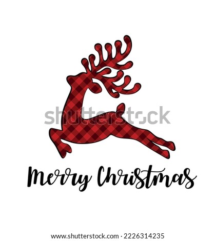 Deer vector silhouette drawing with Buffalo Red Black Gingham Lumberjack tartan Checkered plaid pattern background texture.Merry Christmas lettering.Gift card with reindeer.Winter decor.Print.DIY cut.