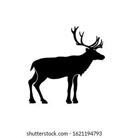 Deer vector silhouette. Forest animal black icon, standing in profile. Male reindeer symbol.