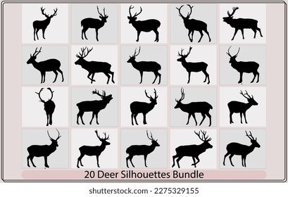Deer vector silhouette icons.silhouettes of deers,silhouette of head of reindeer,Deer silhouette vector illustration
