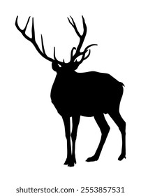 Deer vector silhouette illustration isolated on white background. Reindeer shape shadow symbol, proud noble deer male in forest or zoo. Powerful buck with huge antlers standing.