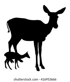 Deer vector silhouette illustration, isolated on white background. Female deer and fawn.