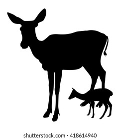 Deer vector silhouette illustration, isolated on white background. Female deer and fawn. Stop hunting.