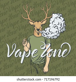 Deer vector vape concept. Deer smoking or vaping an electronic cigarette, in human suit. With inscription vape zone