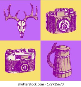 Deer, vintage cameras and beer mug, vector sketch set