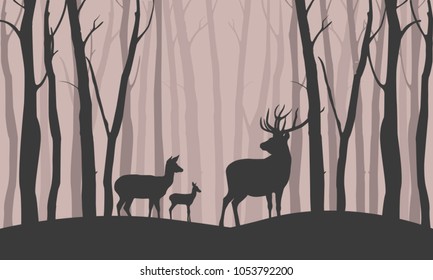 Deer walk in the forest among the trees and hills on a beige background. Silhouettes of deer at dusk. Vector illustration.