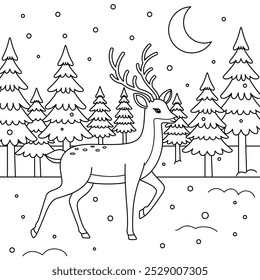 Deer walking gracefully through a snow-covered forest outline coloring page. Christmas and Winter Animal Illustration 