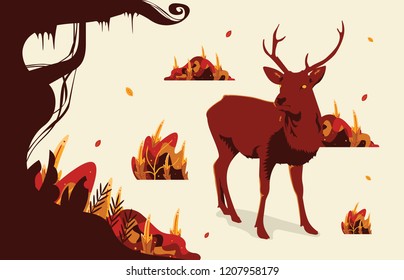 The deer walks in the middle of the autumn forest. Vector Illustration. Flat style