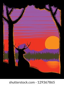 Deer watching sunset by the river EPS 10