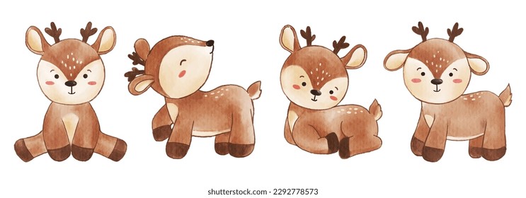 Deer . Watercolor painting design . Set of cute animal cartoon character . Vector .