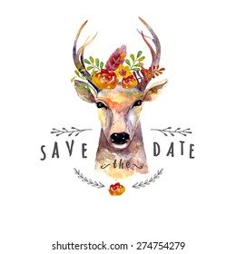 Deer watercolor. Save the date. eps 10 Wedding  illustration. Eco style hipster illustration in vector