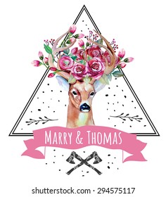 Deer watercolor. Save the date. eps 10 Wedding illustration. Eco style hipster illustration in vector.
