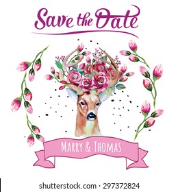 Deer watercolor. Save the date. eps 10 Wedding illustration. Eco style hipster illustration in vector.