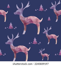 Deer watercolor seamless pattern in Blue Background. Handmade modern deer pattern.