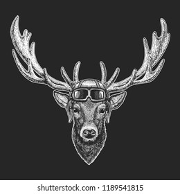 Deer wearing aviator hat. Print for children clothes, tee, t-shirt. Pilot wild animal