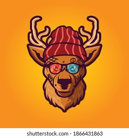 Deer wearing beanie hat illustration. Deer mascot vector. Deer logo icon