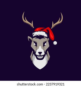 Deer wearing a christmas hat mascot logo design illustration vector