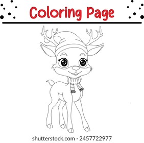 venado usando sombrero bufanda para colorear página de libro para niños.